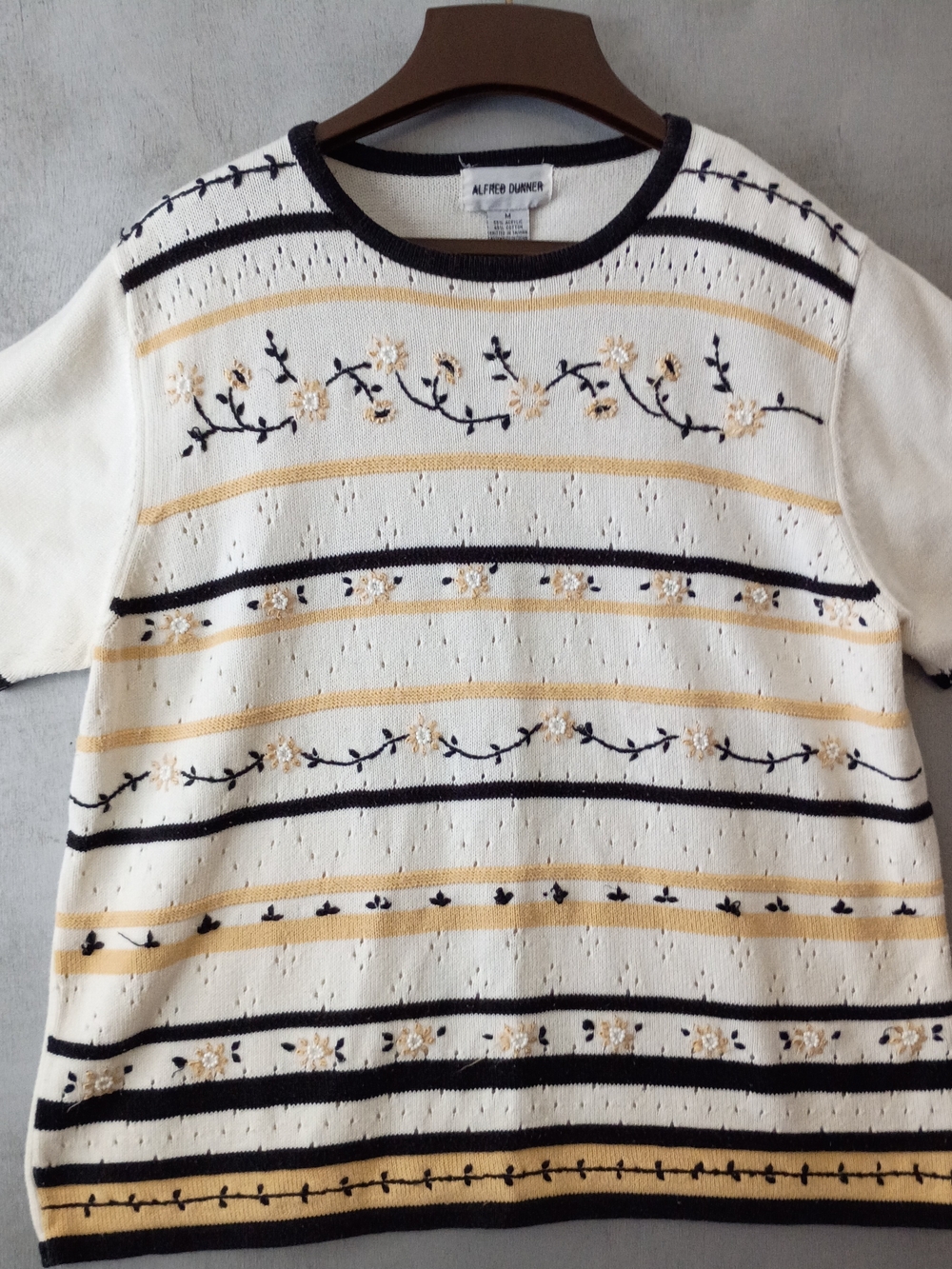 Alfred Dunner White Short-Sleeve Knit Top with Yellow & Navy Floral Stripes